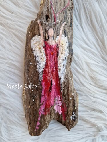 Schutzengel auf Treibholz gemalt * 20 x 7 x 3,5 cm * Treibholz Bodensee * Rot * Herz